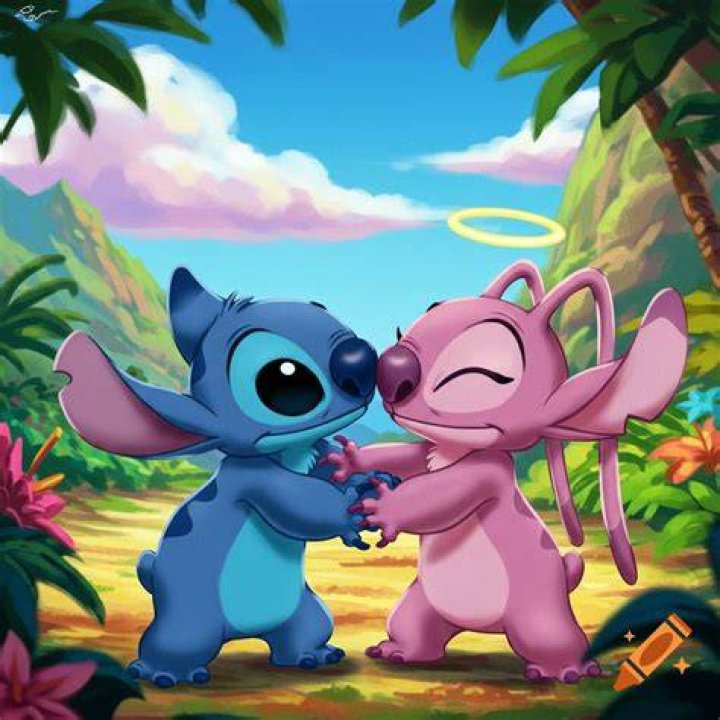 Stitch and Angel are looking at each other in the Stitch! Anime. 